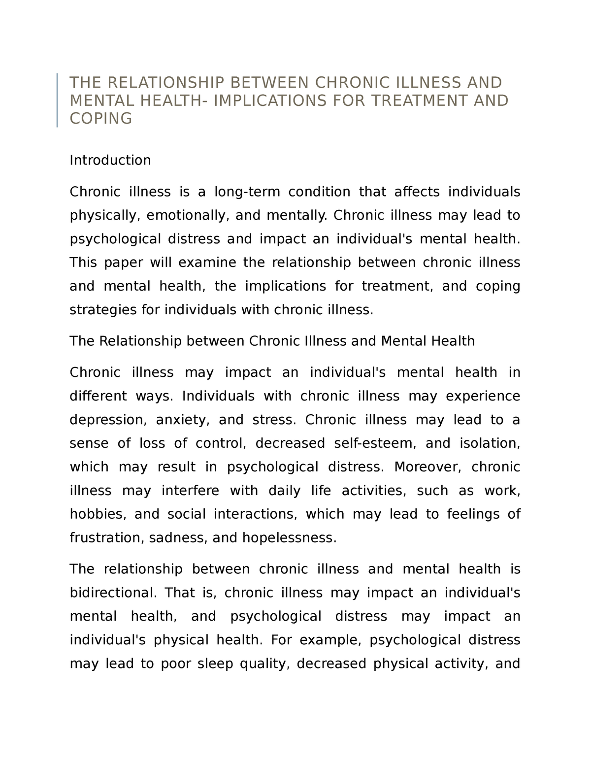 The Relationship Between Chronic Illness And Mental Health Implications For Treatment And 