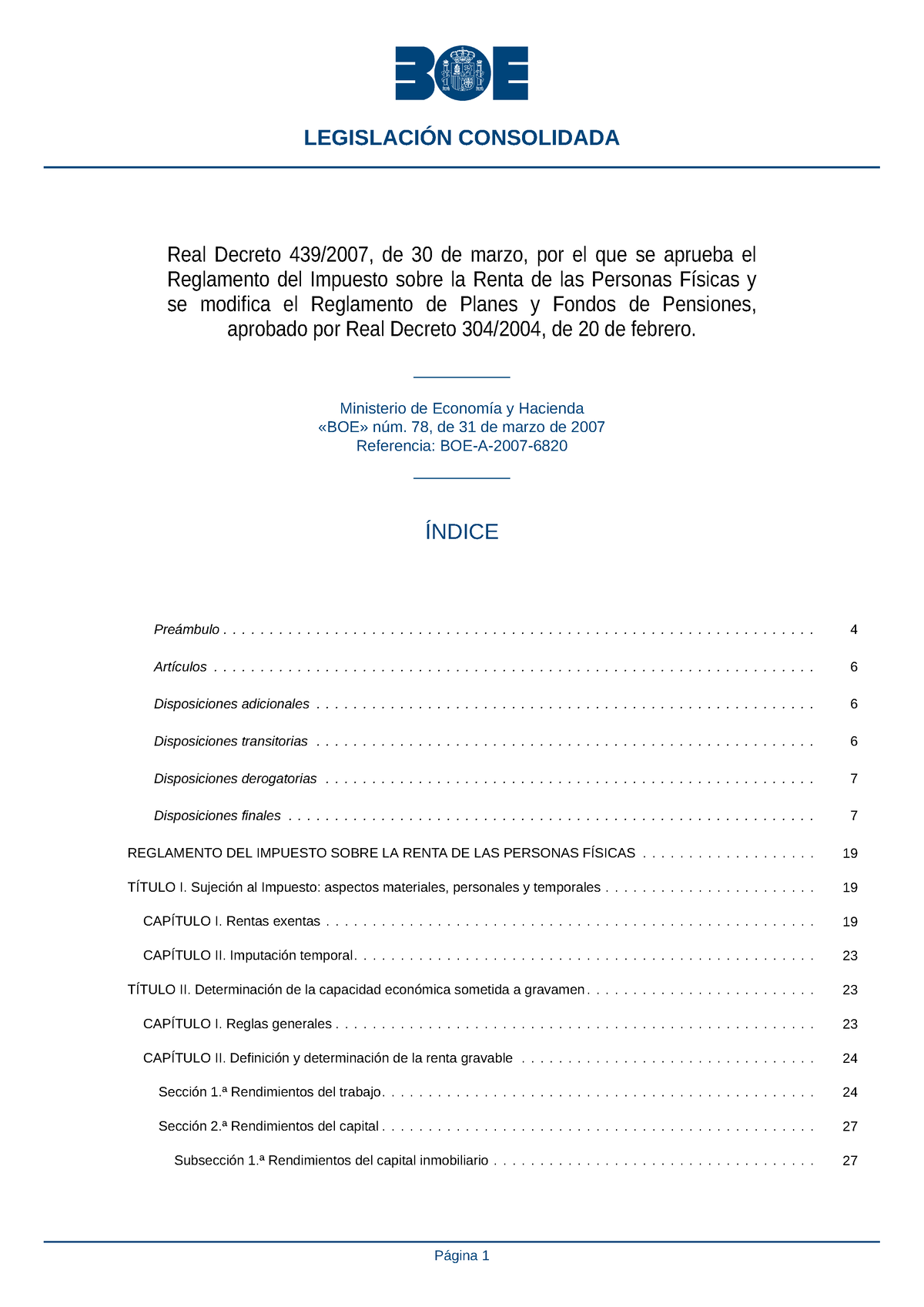 Reglamento IRPF(Real Decreto 439/2007, De 30 De Marzo, Por El Que Se ...