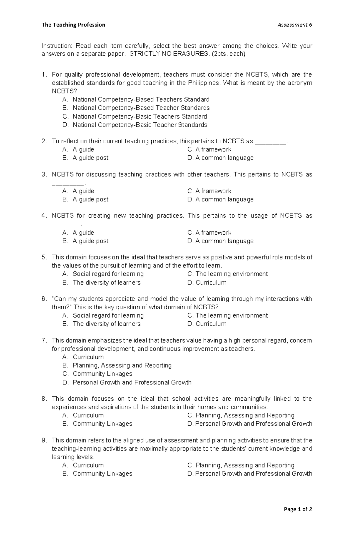 TTP Assessment 6 - The Teaching Profession Assessment 6 Page 1 of 2 ...