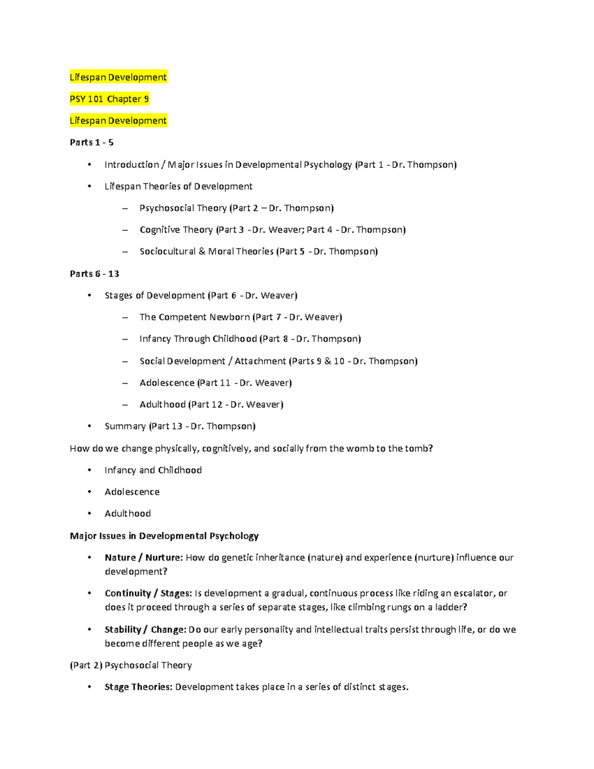 Week 5 And 6 Psy 101 Notes Lifespan Development Psy 101 Chapter 9 Lifespan Development