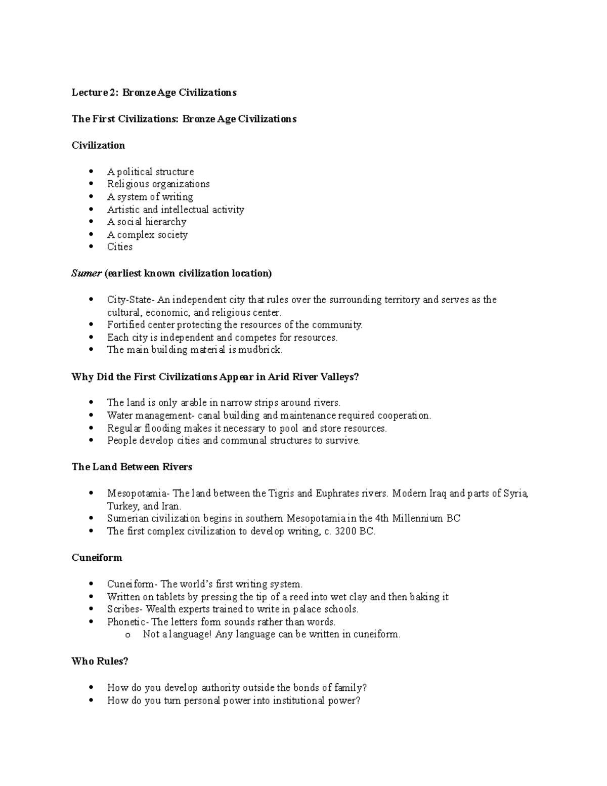 HIST 1101 Lecture 2 Lecture 2 Bronze Age Civilizations The First