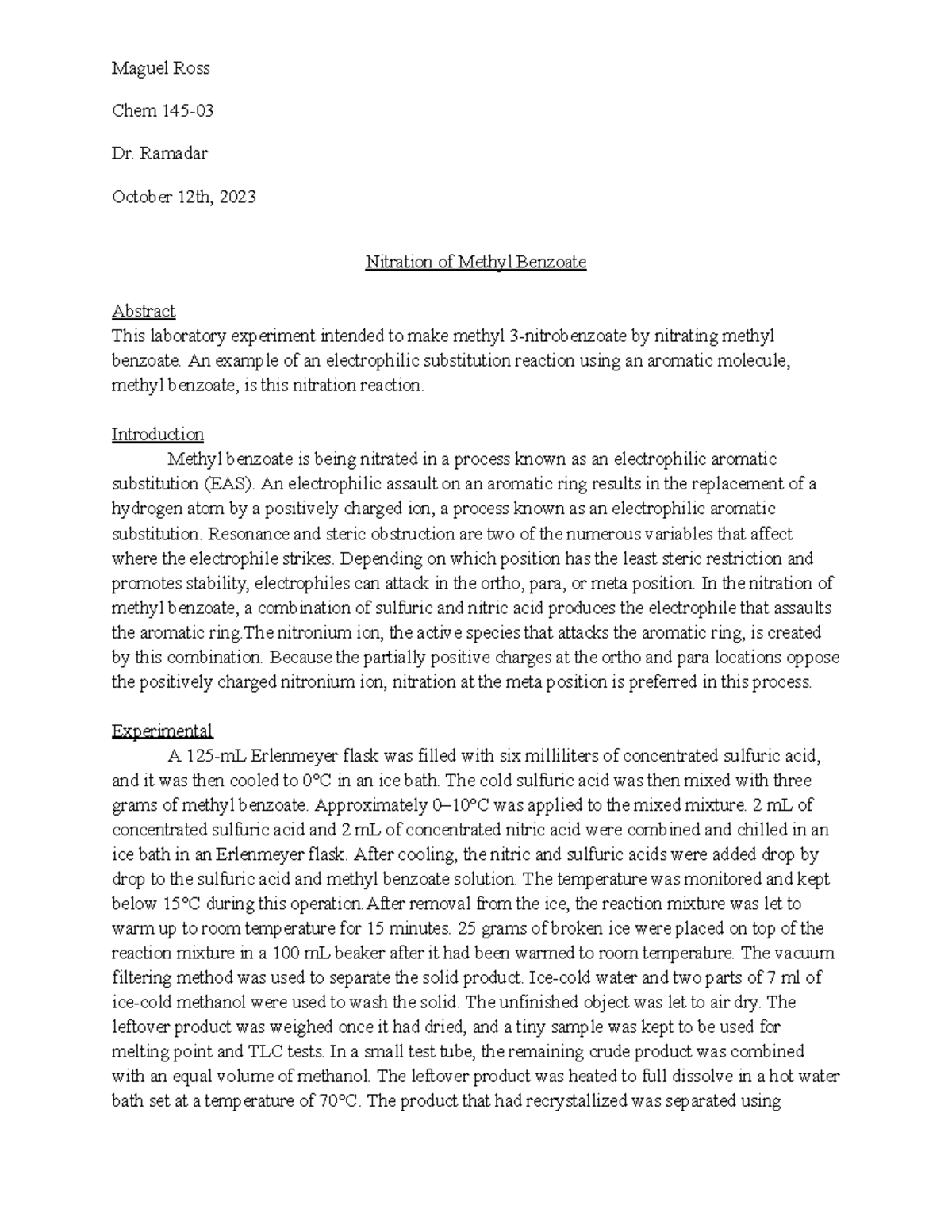 report form experiment 6 regioselective nitration of methyl benzoate