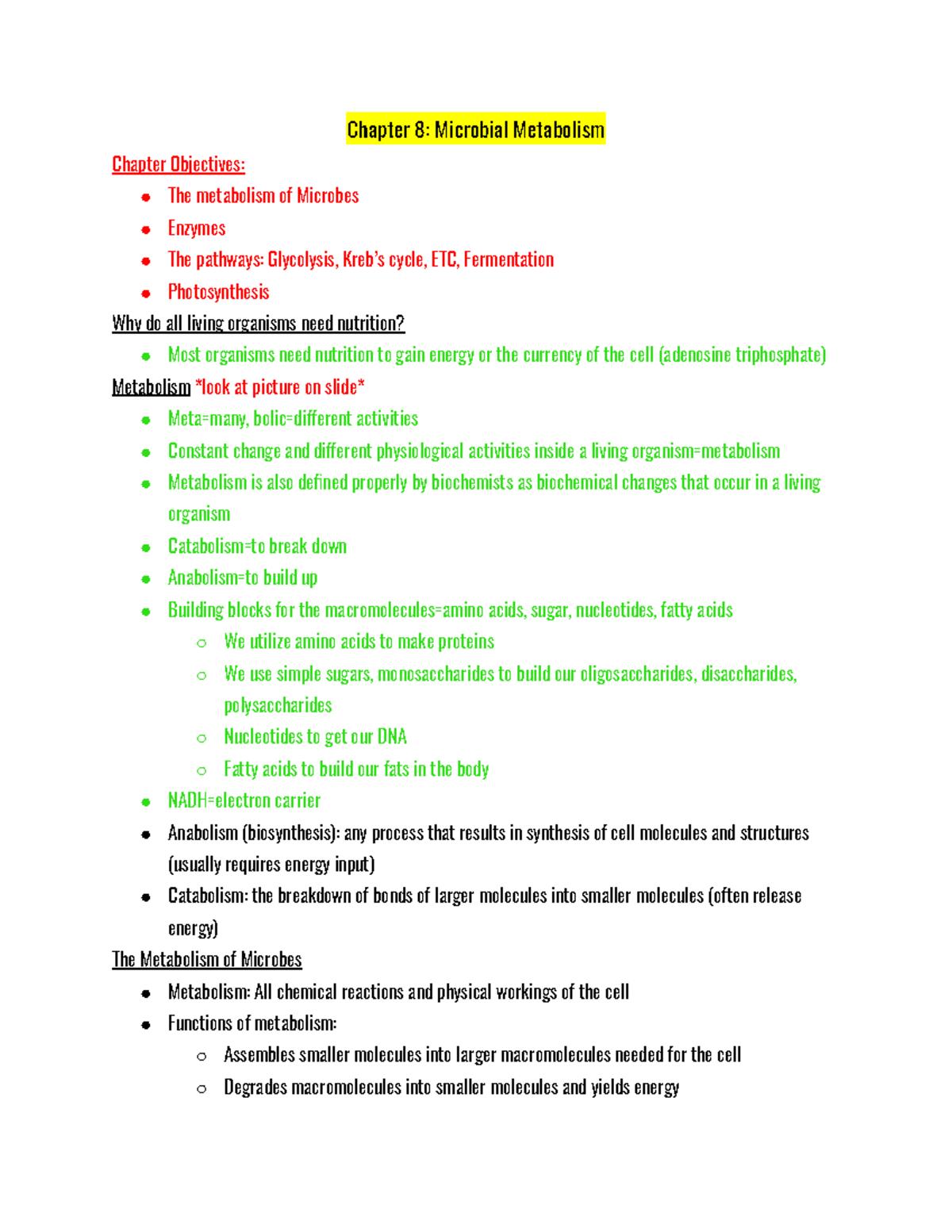 Chapter 8 - Chapter 8: Microbial Metabolism Chapter Objectives: The ...