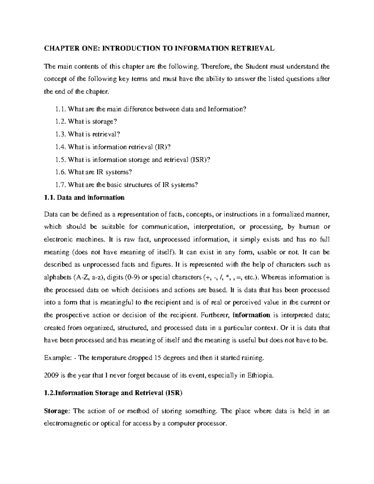 IR modul - CHAPTER ONE: INTRODUCTION TO INFORMATION RETRIEVAL The main ...