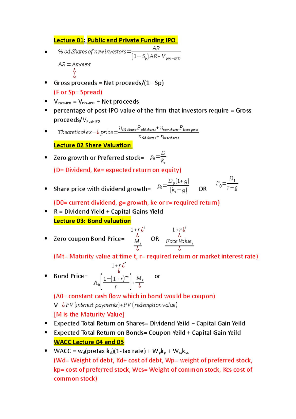 Term 2 Formula sheet(5) - Lecture 01 : Public and Private Funding IPO ...