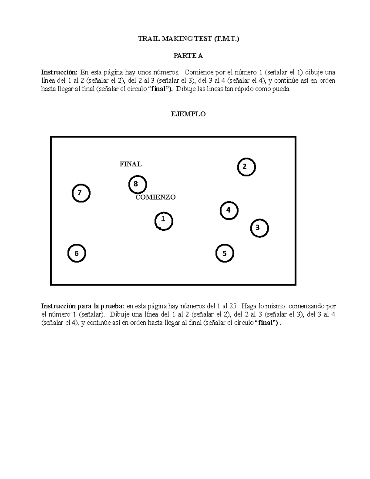 TMT - Prueba psicologica - TRAIL MAKING TEST (T.M.) PARTE A Instrucción ...