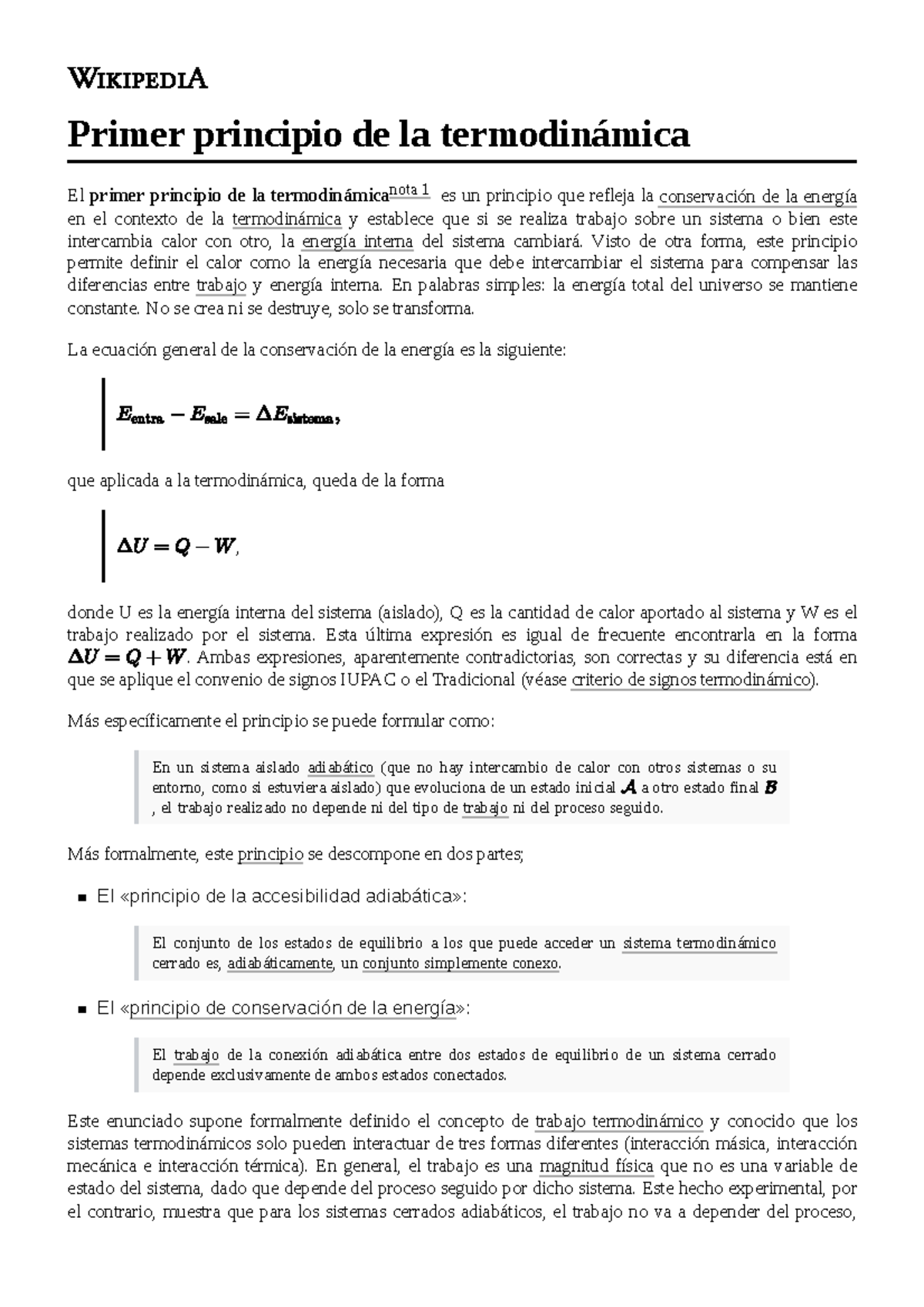 Primer principio de la termodinámica Primer principio de la