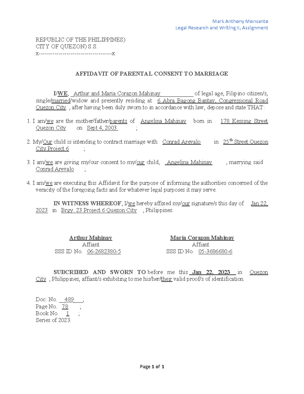 Mark Anthony Monsanto - Affidavit OF Parental Consent TO Marriage ...