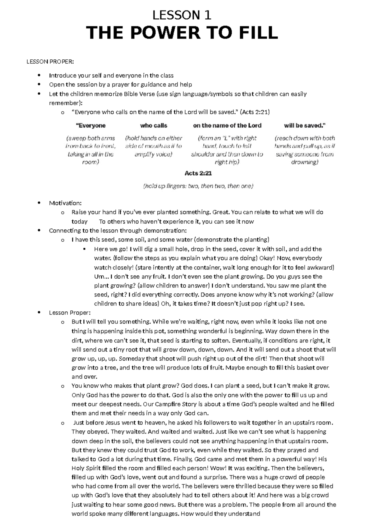 VBS Lesson 1 - VBS Curriculum - LESSON 1 THE POWER TO FILL LESSON ...