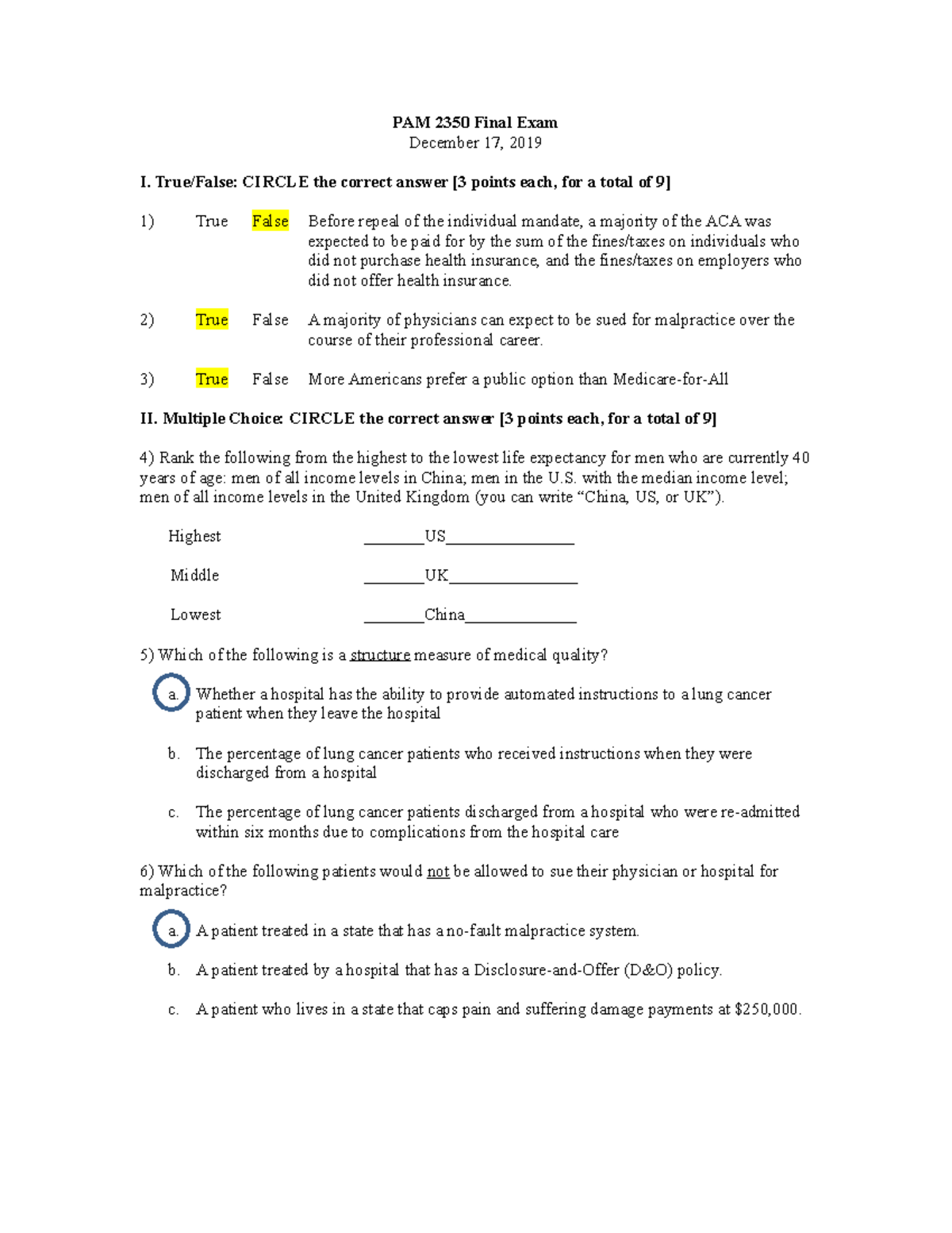 Final Answer Key Posted 2019 - PAM 2350 Final Exam December 17, 2019 I ...