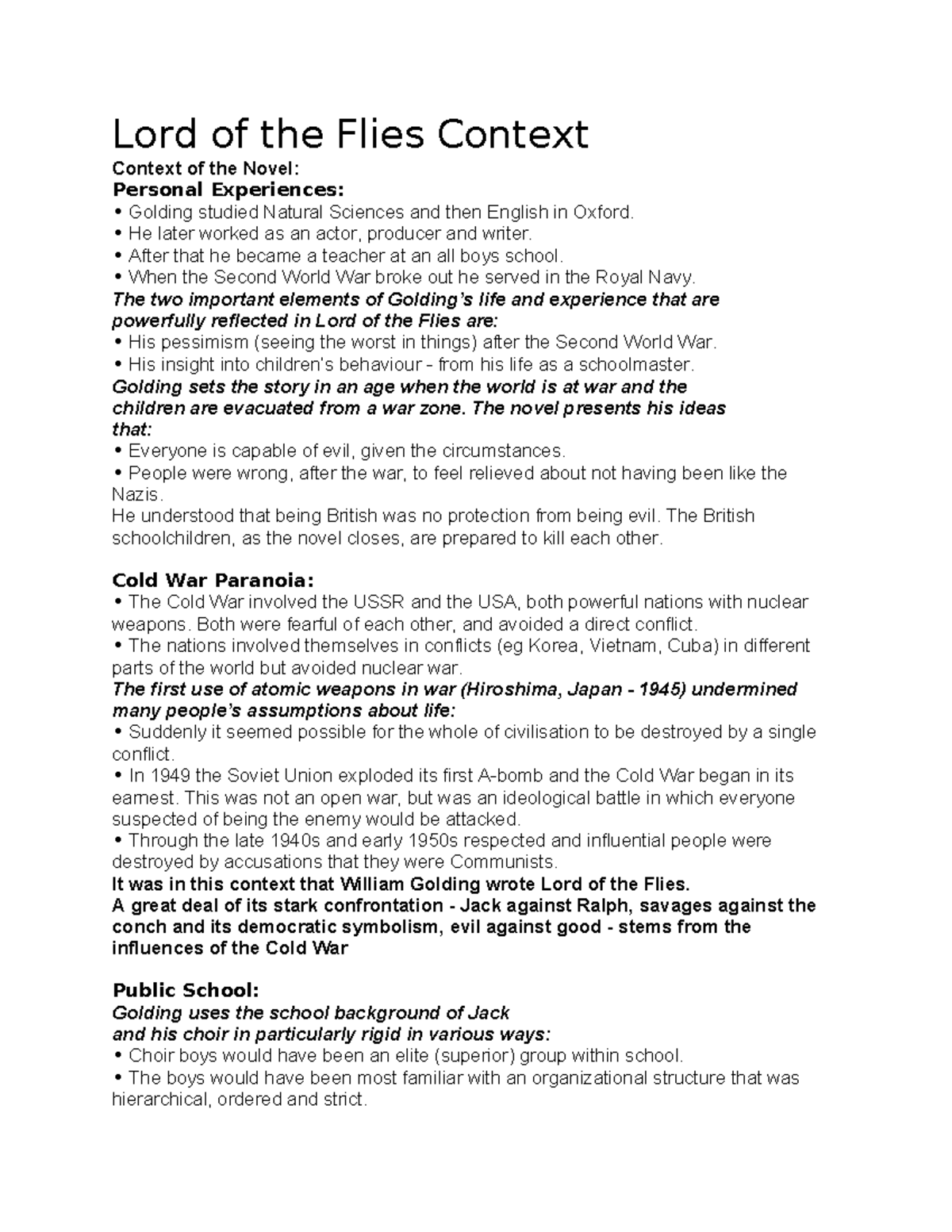 Lord of the Flies Context Lord of the Flies Context Context of the