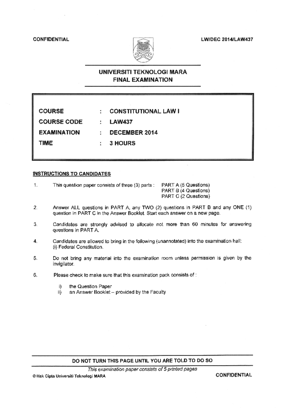 PAST YEAR QUESTION DISEMBER 2014 - Law Of Torts I - Studocu