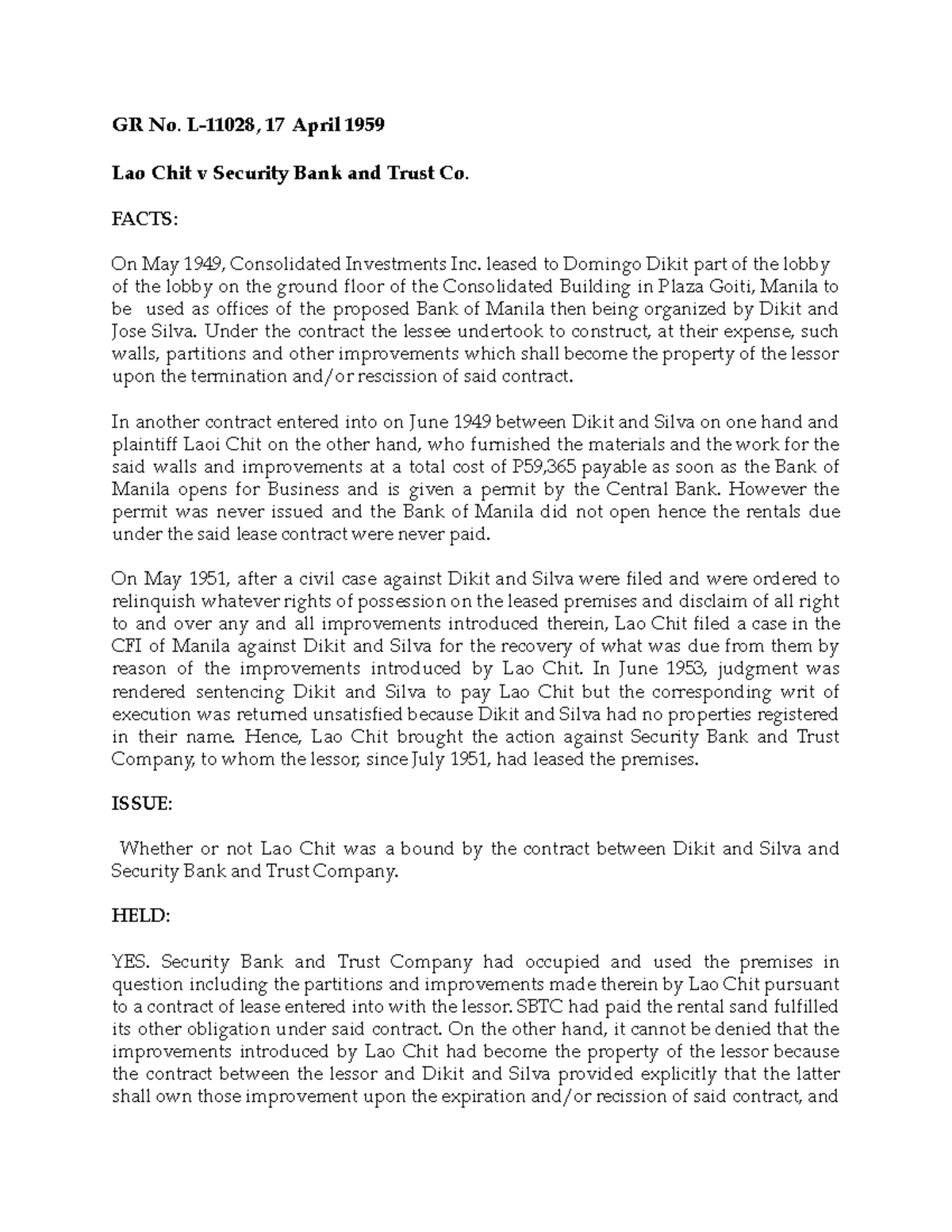 14. Lao Chit vs. Security Bank - GR No. L-11028, 17 April 1959 Lao Chit ...