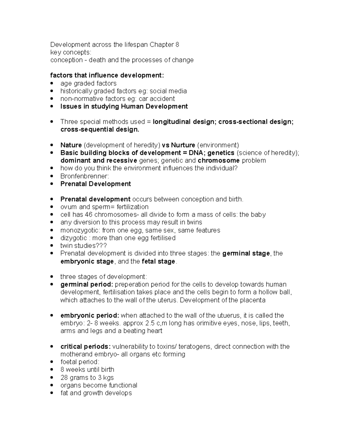 Chpater 8 part 1 notes - Development across the lifespan Chapter 8 key ...