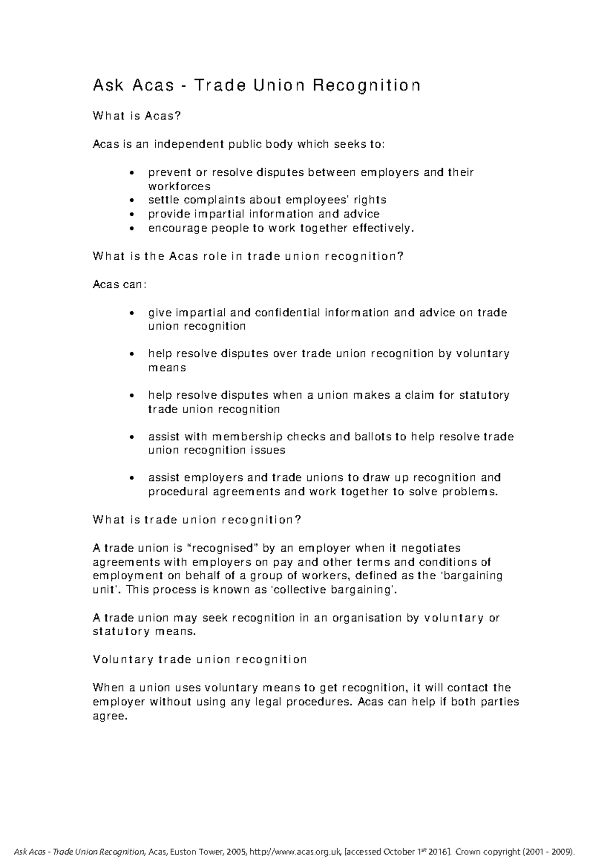 Acasguidelinesrecognitionagreement - Ask Acas - Trade Union Recognition ...