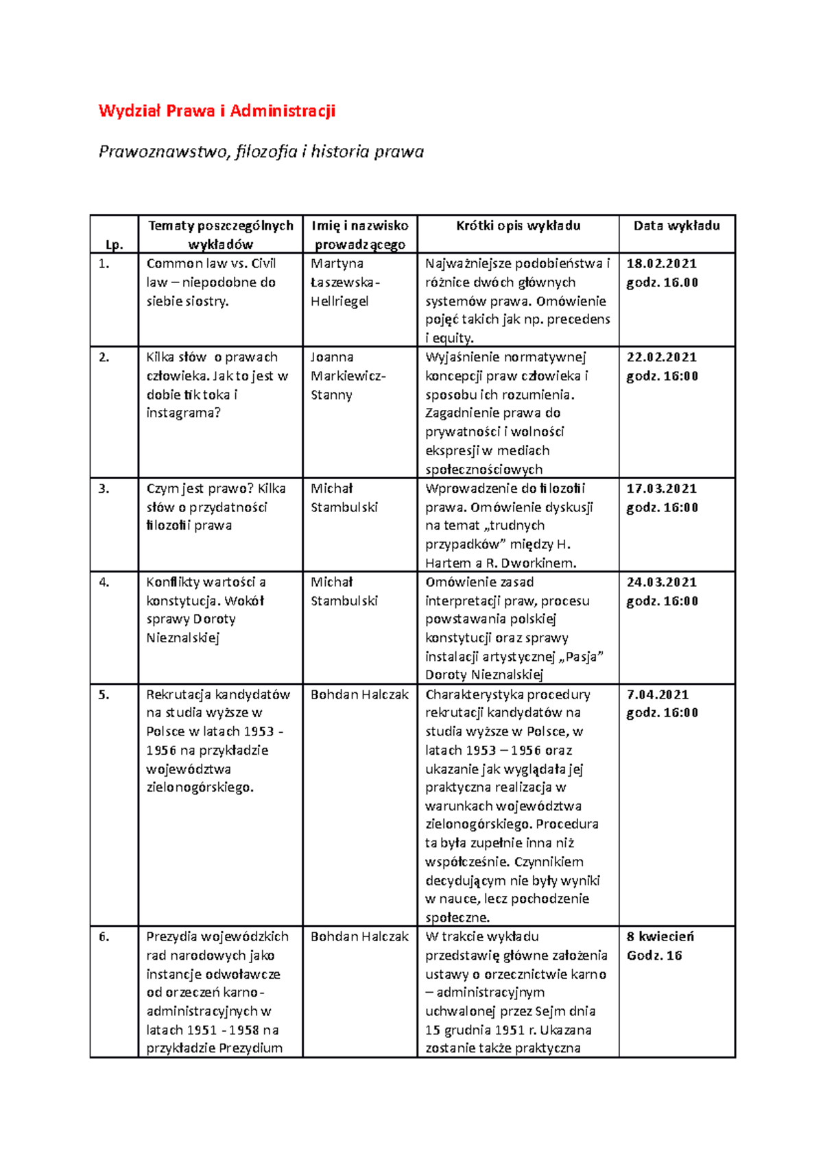Wydział Prawa I Administracji Plan Lekcji