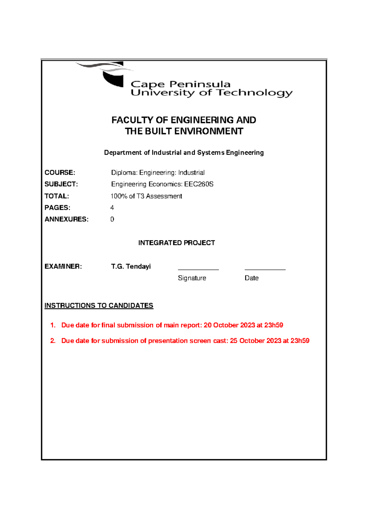 EEC260S Project Brief 2023 Rev02 - FACULTY OF ENGINEERING AND THE BUILT ...
