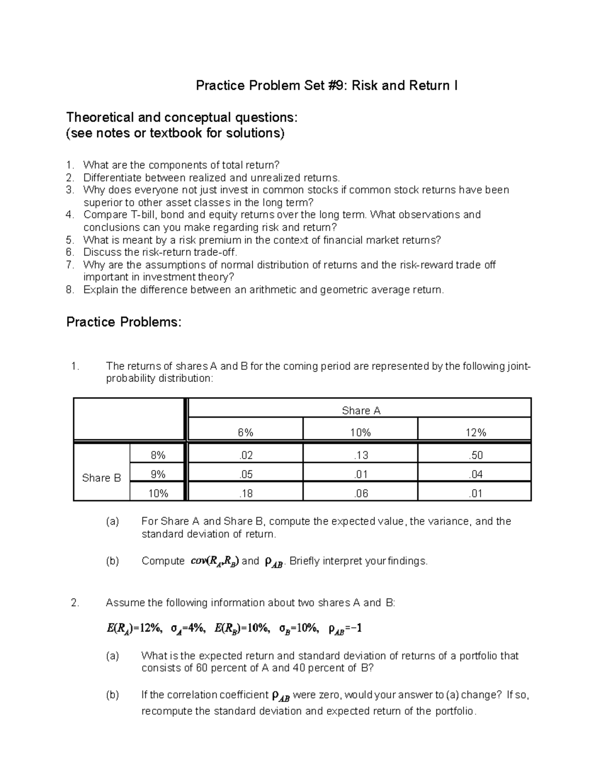 Risk and return I - practice - Practice Problem Set #9: Risk and Return ...