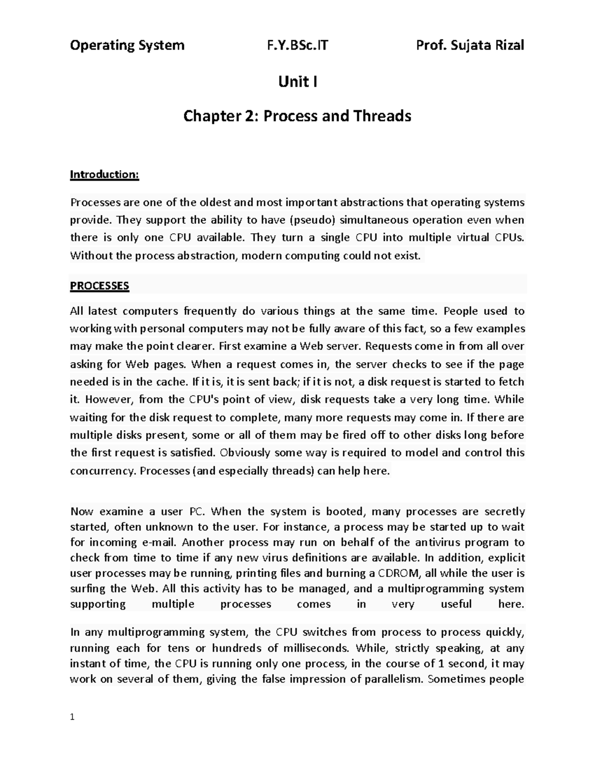 Unit i-chapter 2 - Unit I Chapter 2: Process and Threads Introduction ...