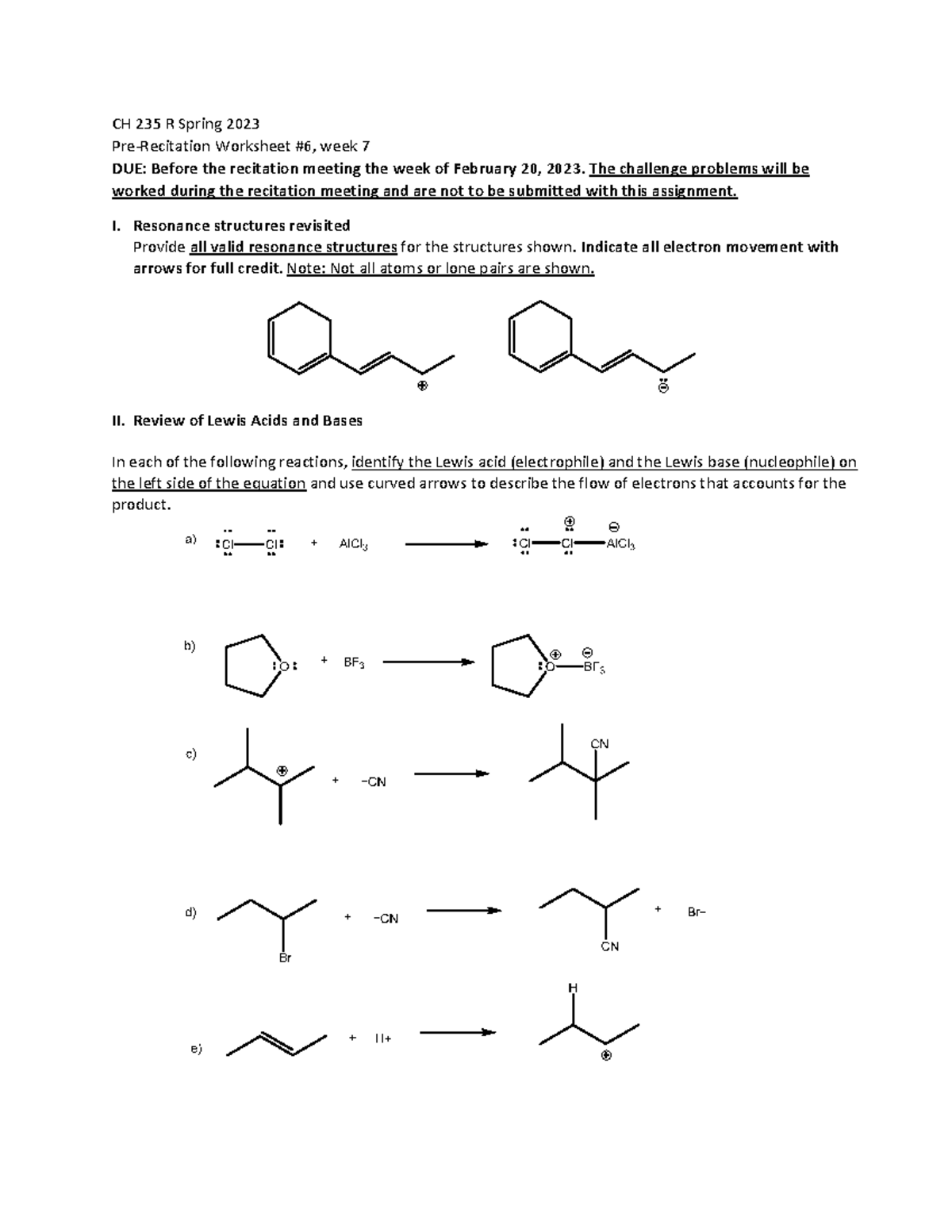 Recitation worksheet week 7 - CH 235 R Spring 2023 Pre‐Recitation ...