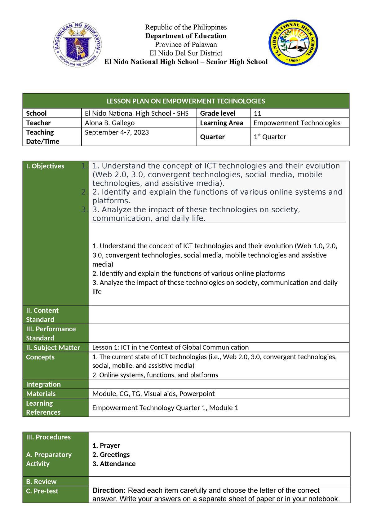 Empowerment Tech Lesson Plan - Republic of the Philippines Department ...