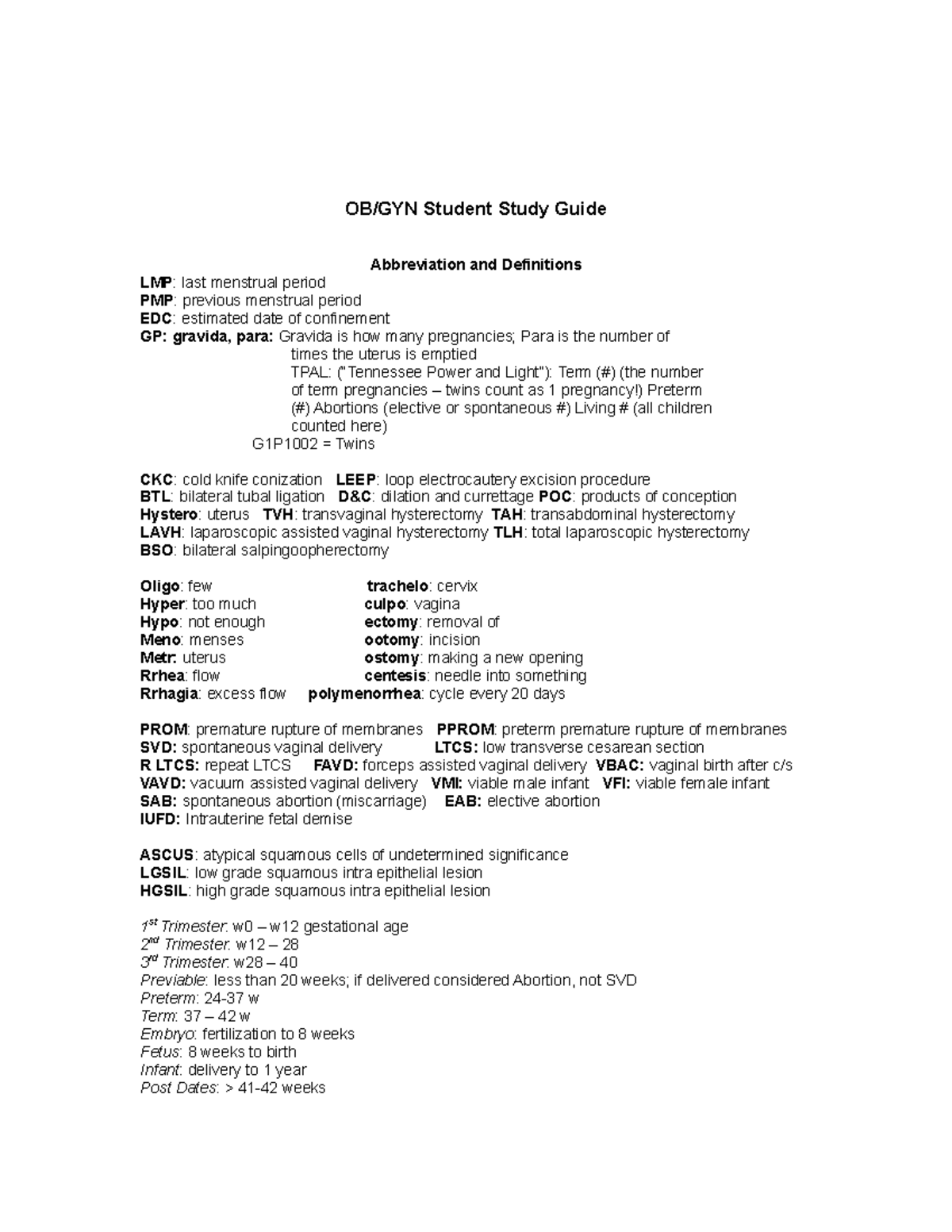 B Study Guide For Obgyn - Women's HEalth - OB/GYN Student Study Guide ...