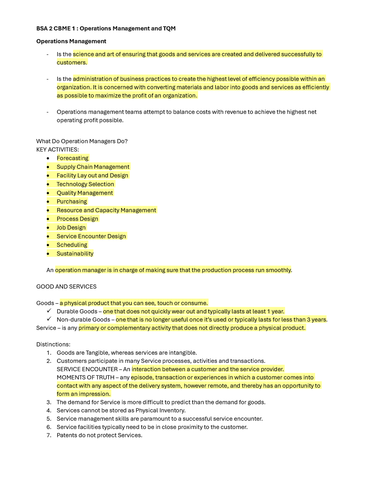 BSA- Omtqm- Highlights - BSA 2 CBME 1 : Operations Management and TQM ...