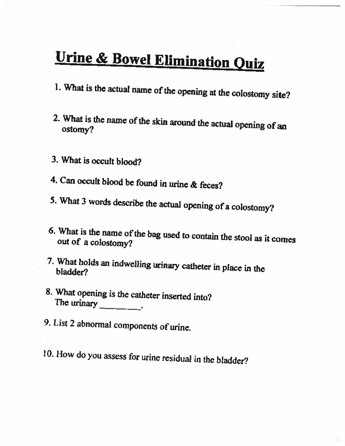 Urine & Bowel Elimination Quiz BIO 220 Studocu