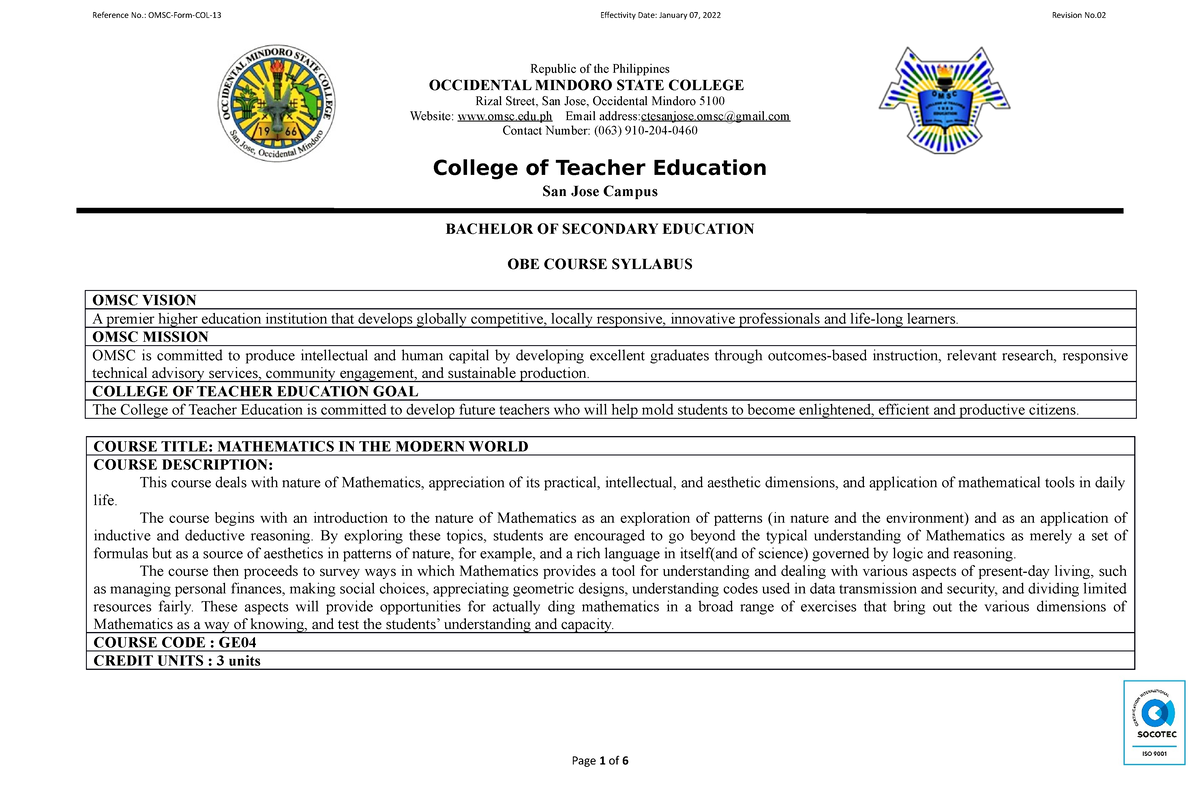 BSEd Syllabus Mathematics In The Modern World - Republic Of The ...