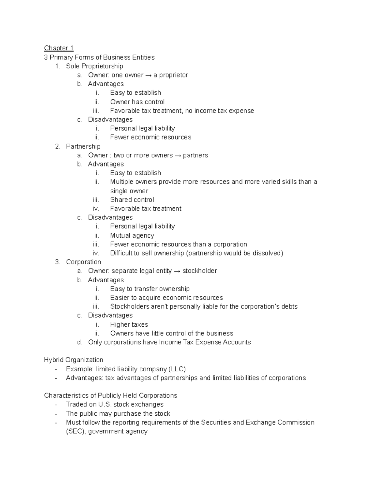 ACC 201 Chapter 1 Notes - Chapter 1 3 Primary Forms of Business ...