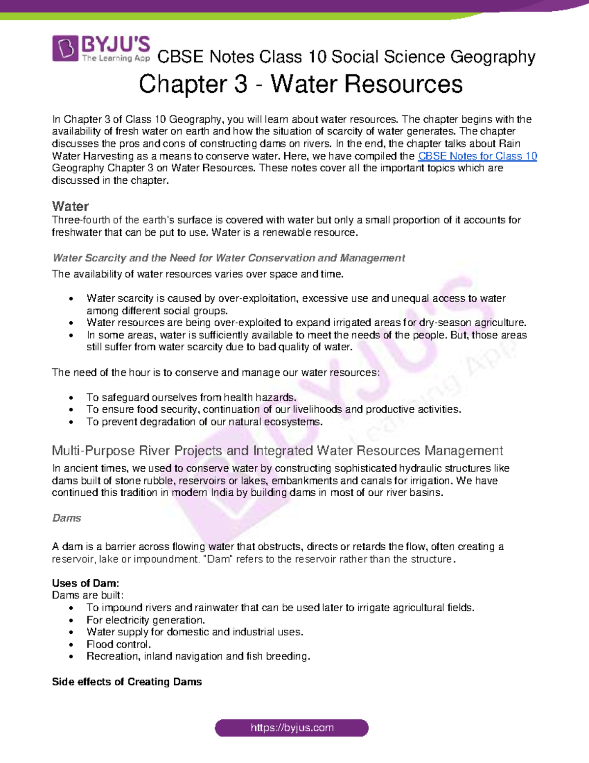 CBSE Notes Class 10 Social Science Geography Chapter 3 Water Resources Chapter 3 Water