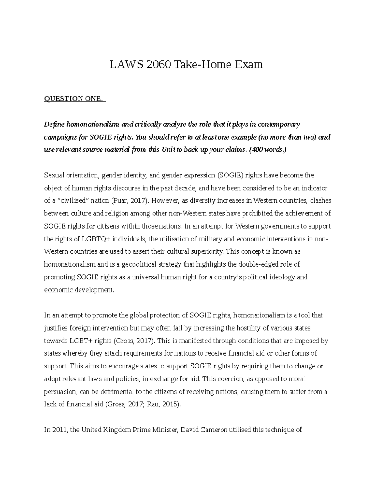 Final Take Home Exam - LAWS 2060 Take-Home Exam QUESTION ONE: Define ...