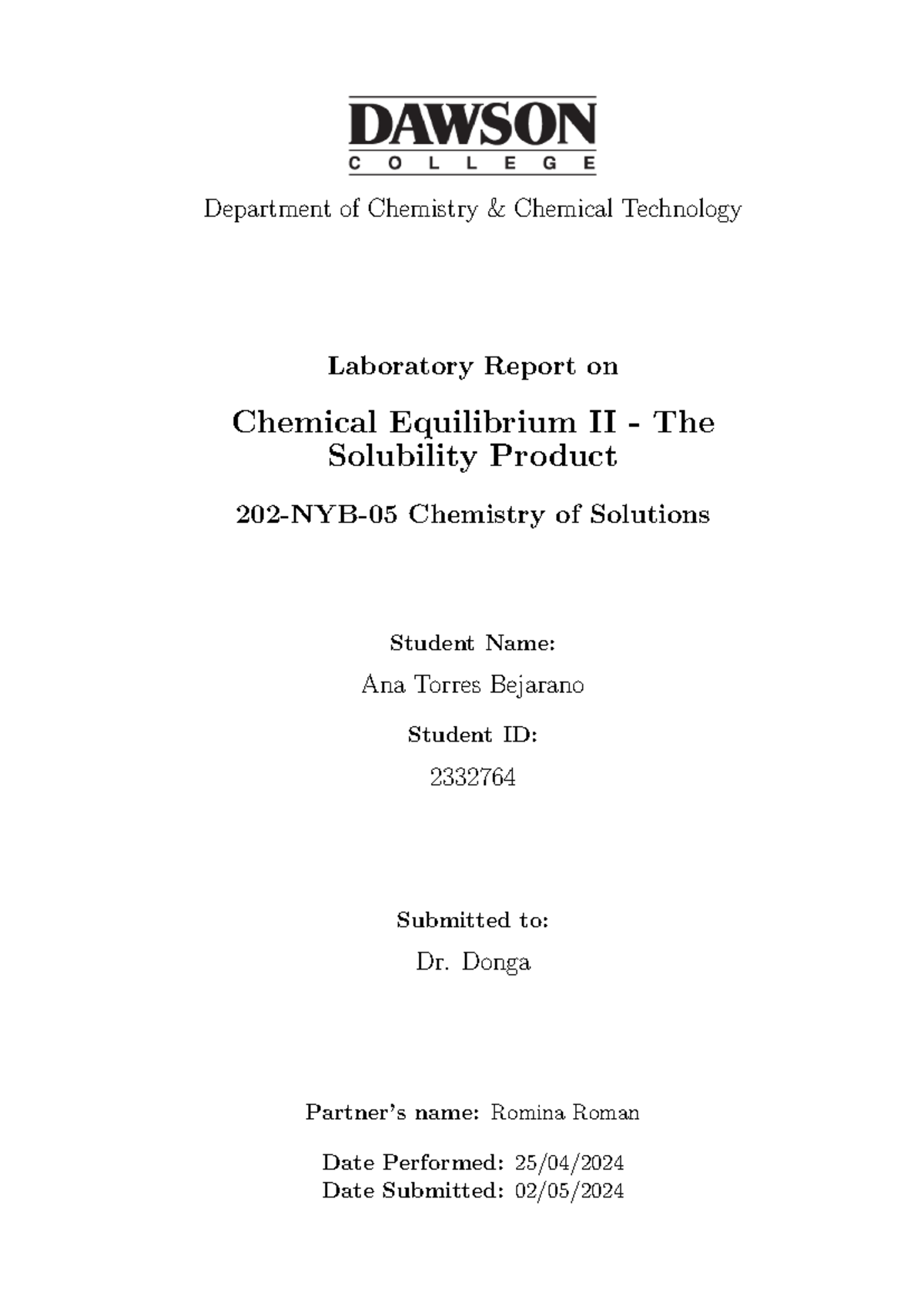 Lab Report Solubility Product - 200.PR - Department of Chemistry ...