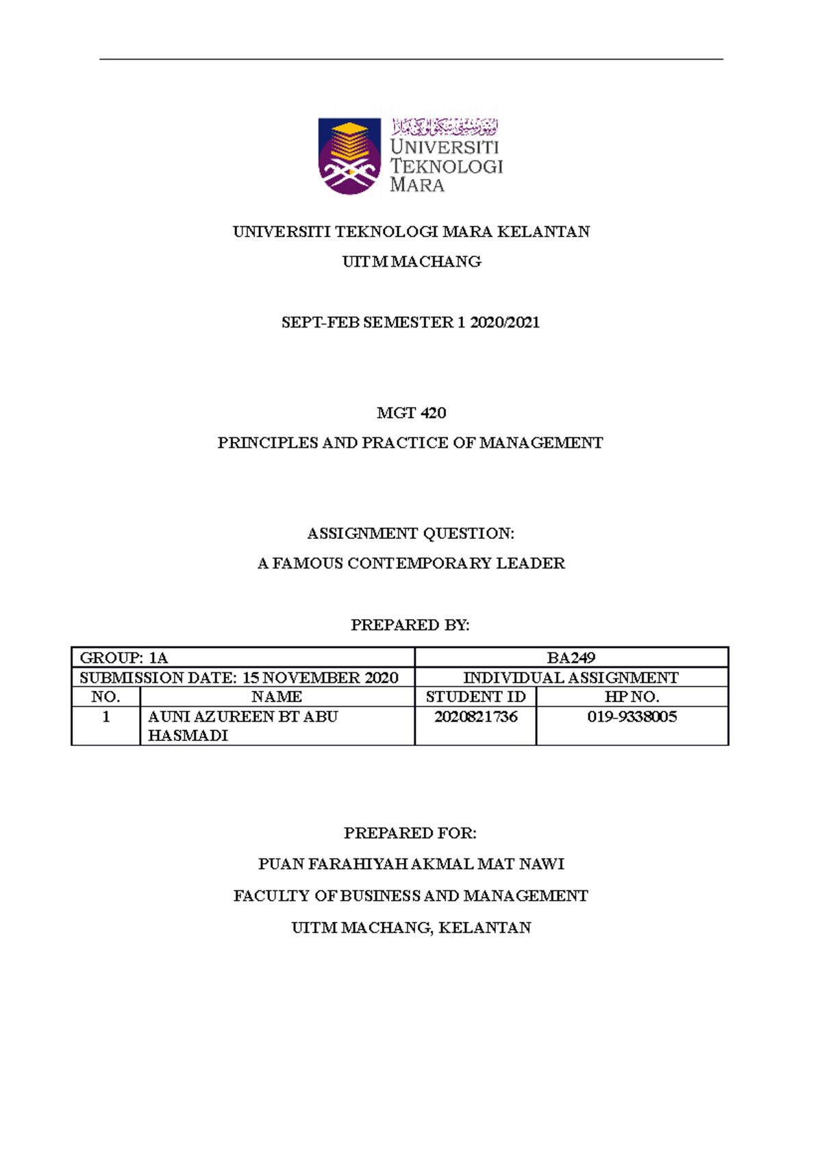 Leader - MGT420 ASSIGNMENT - UNIVERSITI TEKNOLOGI MARA KELANTAN UITM ...