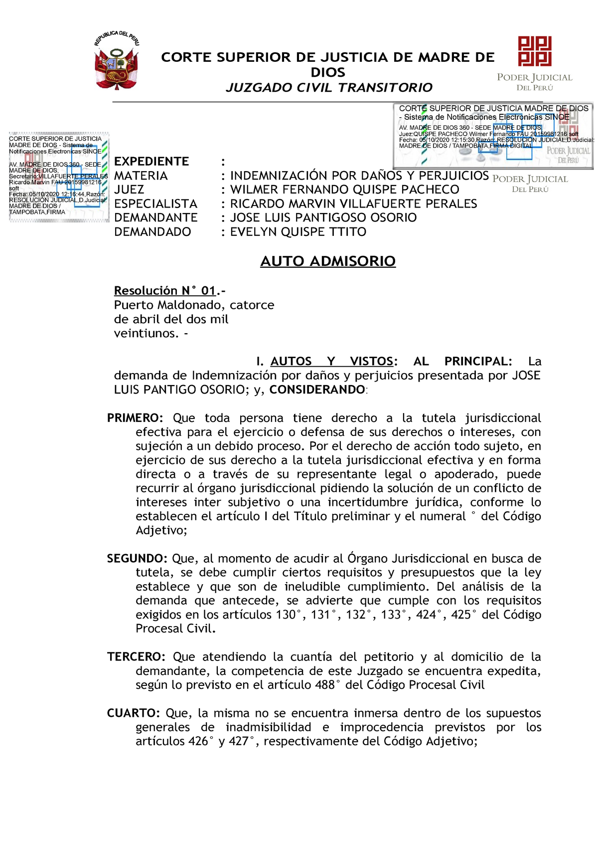 AUTO Admisorio Demanda - CORTE SUPERIOR DE JUSTICIA MADRE DE DIOS Sistema  de Notificaciones - Studocu