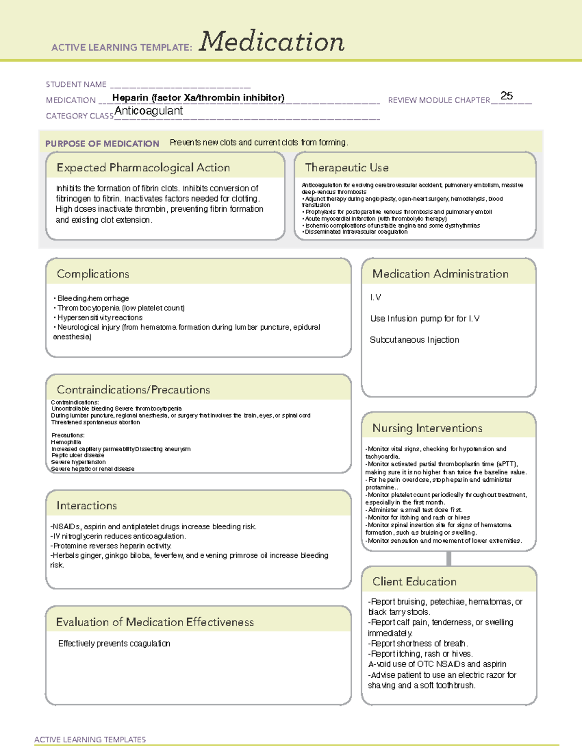 Heparin - alt - ACTIVE LEARNING TEMPLATES Medication STUDENT NAME - Studocu