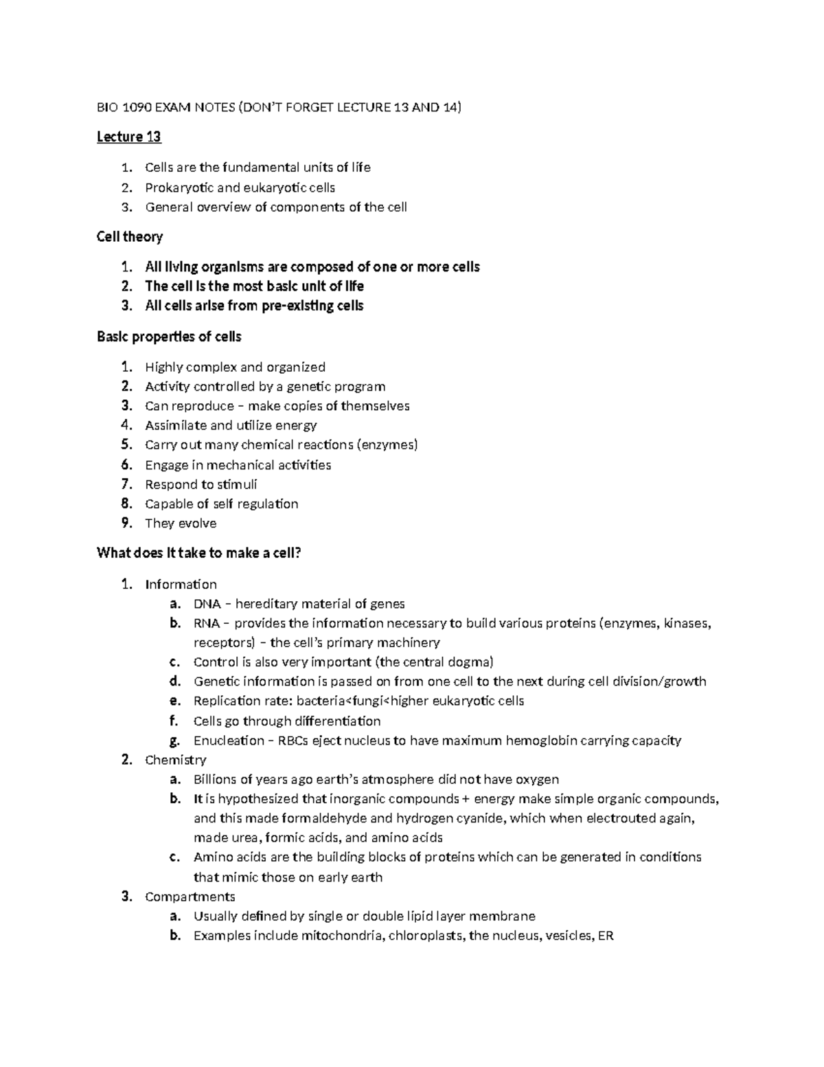 BIO 1090 EXAM Notes - BIO 1090 EXAM NOTES (DON’T FORGET LECTURE 13 AND ...