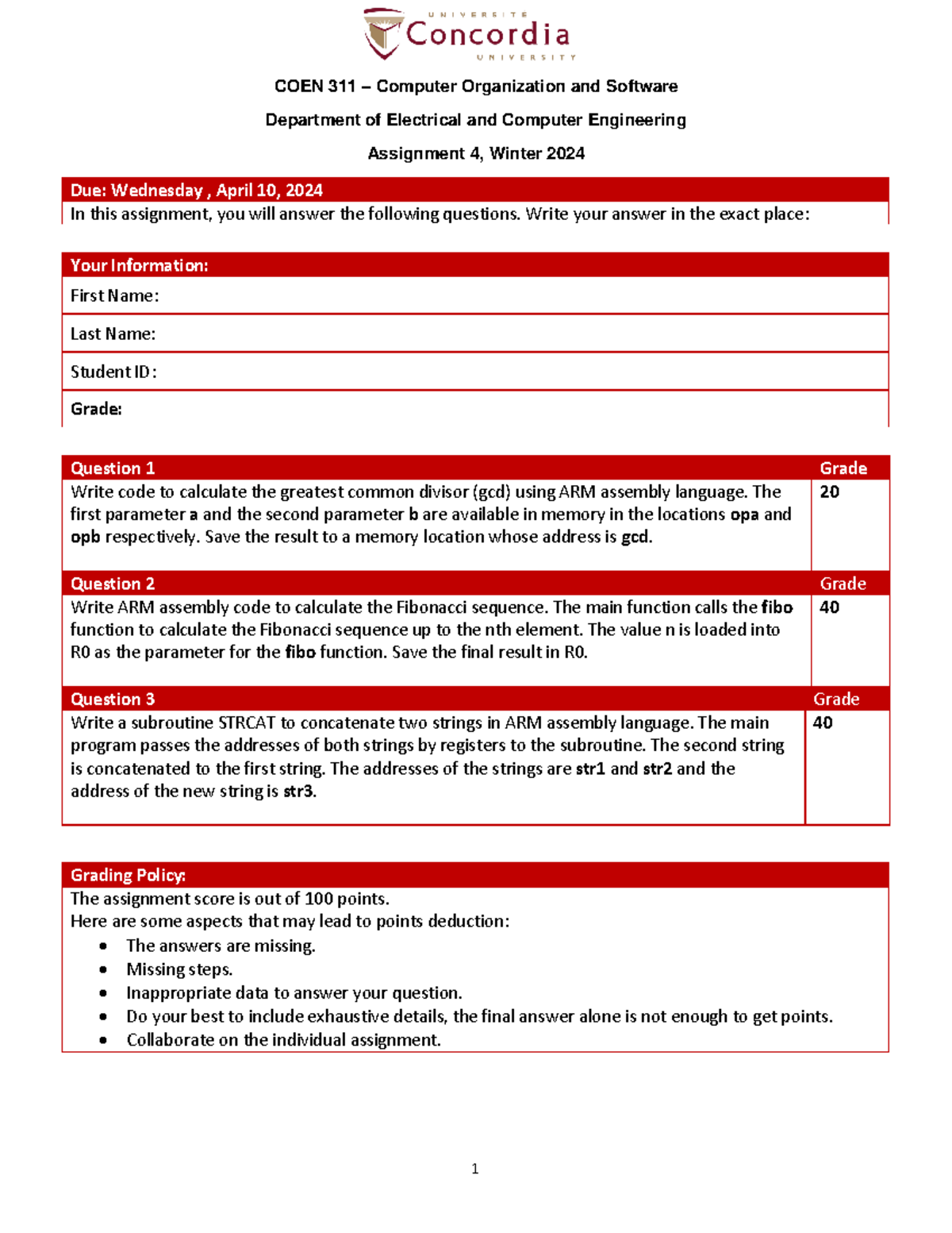 Assignment 4 winter 2024 - 1 COEN 311 – Computer Organization and ...