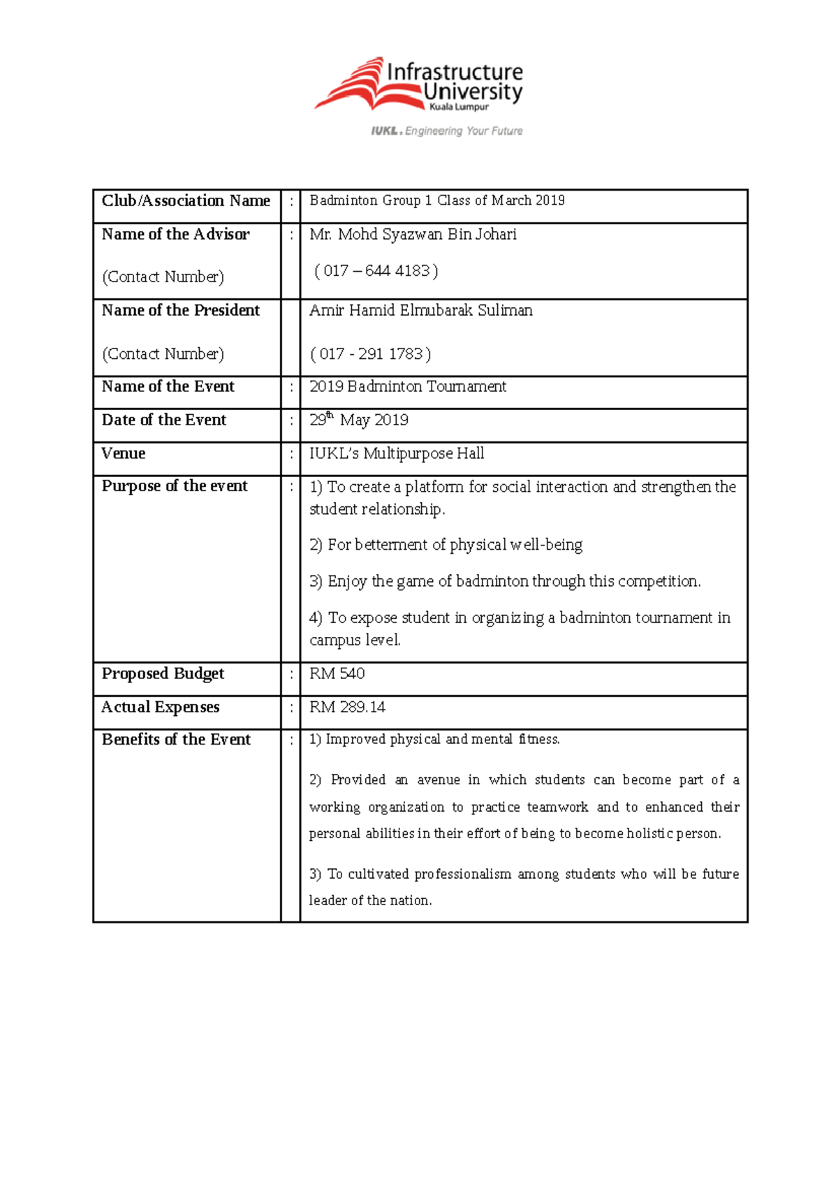 Proposal 2019 Badminton Tournament 2 Club/Association Name