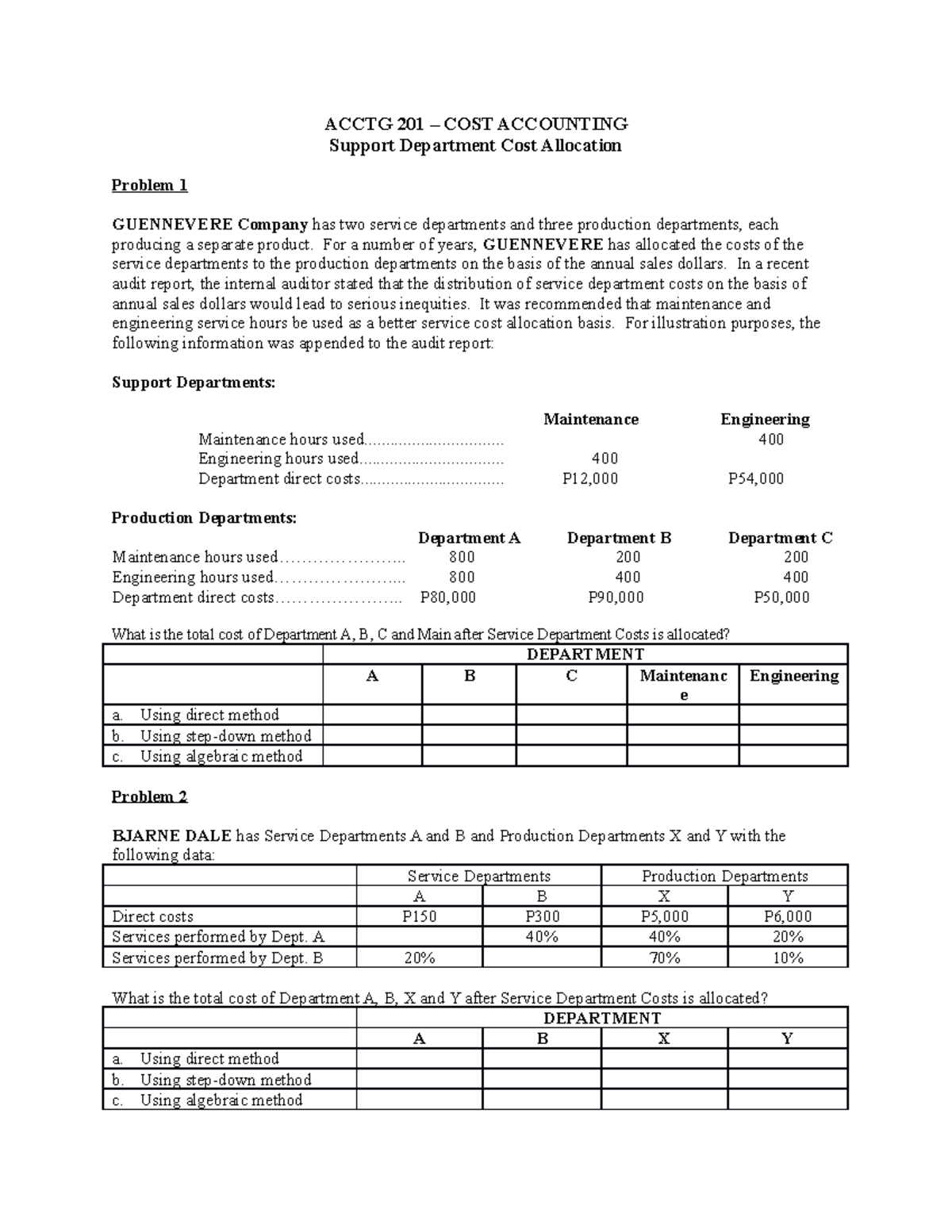 Support Cost Allocation - ACCTG 201 – COST ACCOUNTING Support ...