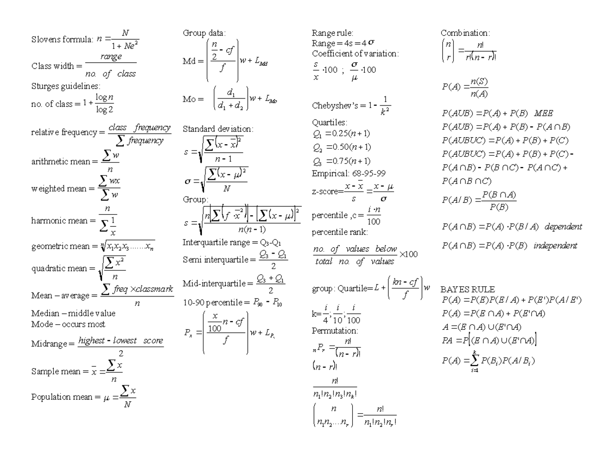 Probability and Statistics Formula - Slovens formula: 2 1 Ne N n Class ...