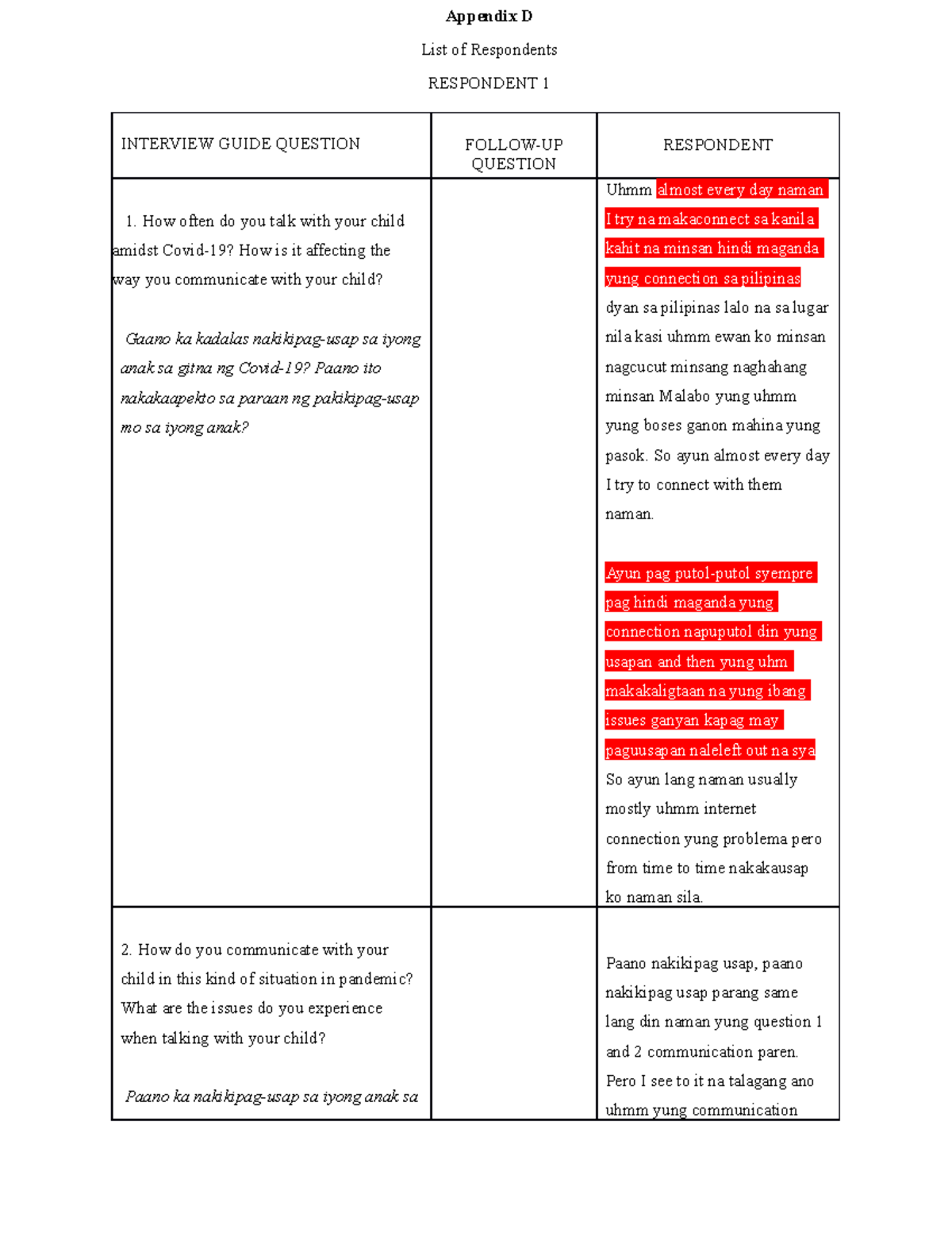 Appendix-D - Examples - INTERVIEW GUIDE QUESTION FOLLOW-UP QUESTION ...