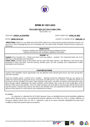 Teacher-Reflection-Forms - TEACHER REFLECTION FORM (TRF) TEACHER I-III  TEACHER: JOAN A. ALCANTARA - Studocu