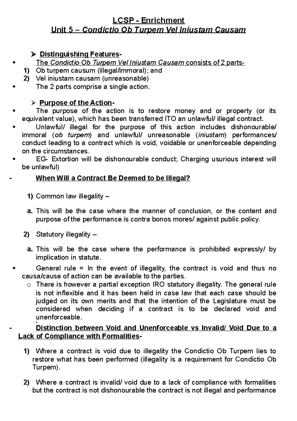 Condictio Ob Causam Finitam LCSP Condictio Ob Turpem Vel Iniustam Causam - Purpose of the Action