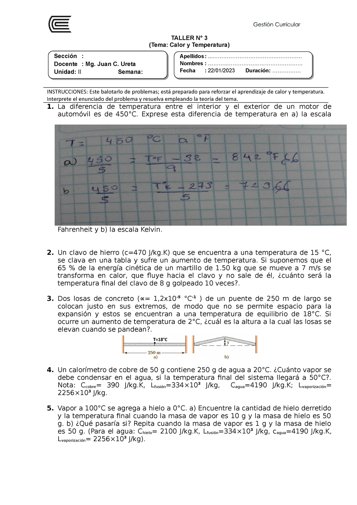 5 Temperatura Calor 2023 Resuelto - TALLER N° 3 (Tema: Calor Y ...