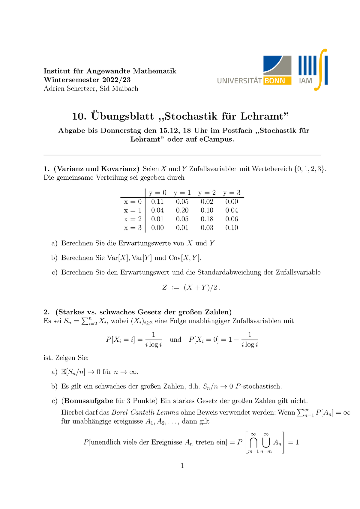 Blatt 10 Stochastik Lehramt - Institut F ̈ur Angewandte Mathematik ...