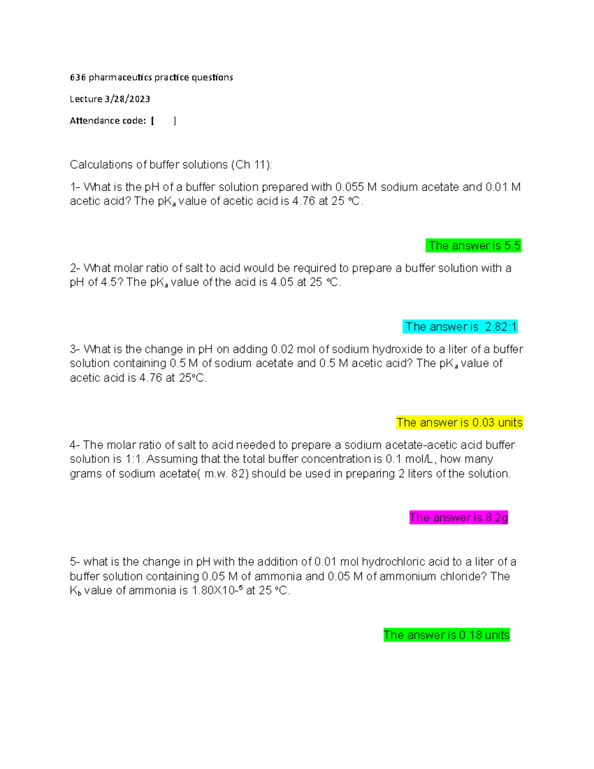 Chapter 11 Buffers practice questions 636 pharmaceutics practice