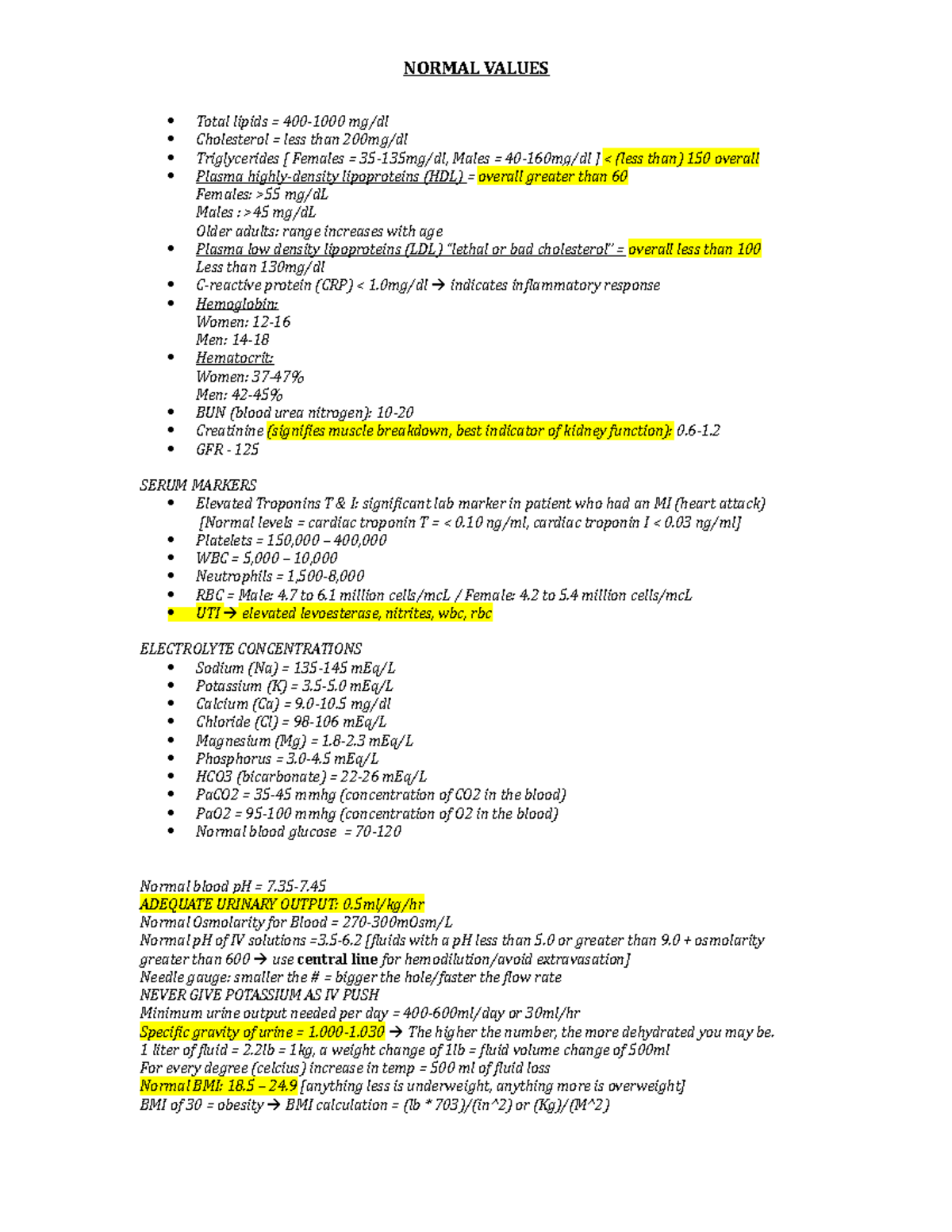 Normal Values LIST - NORMAL VALUES Total lipids = 400-1000 mg/dl ...