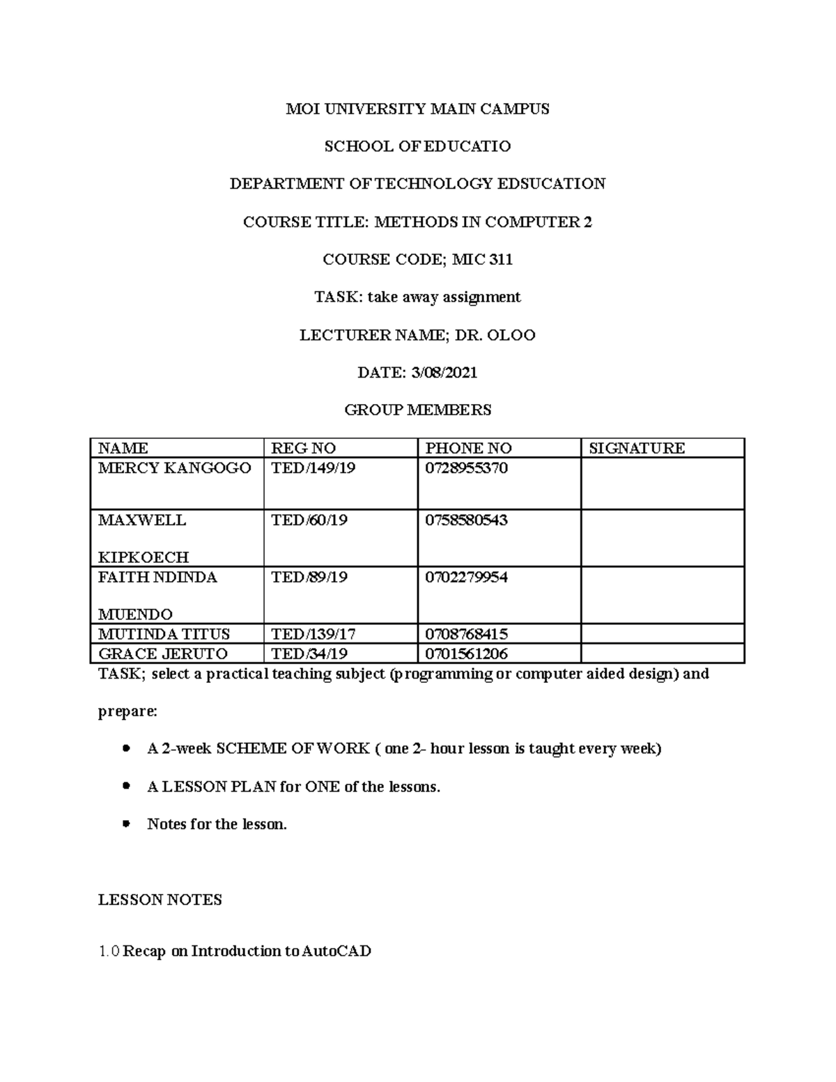 Autocad Assignment - MOI UNIVERSITY MAIN CAMPUS SCHOOL OF EDUCATIO ...