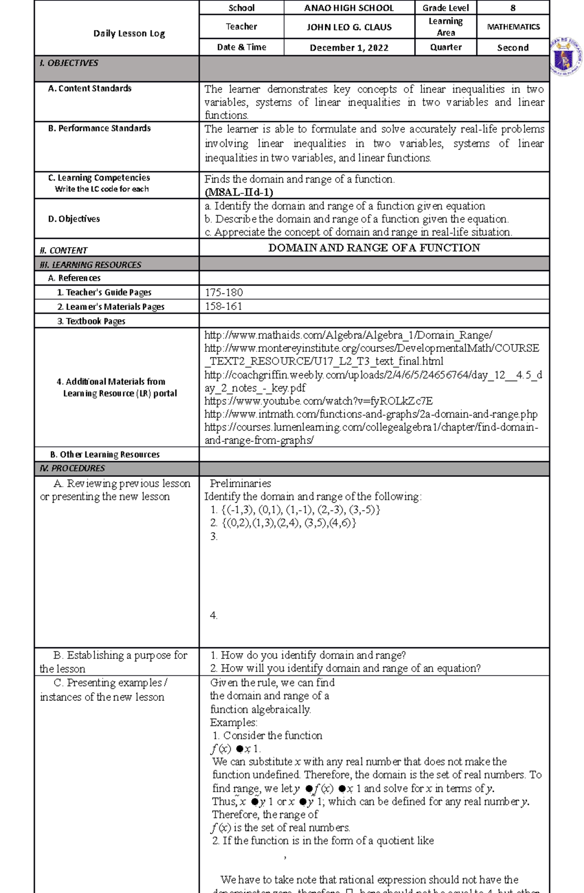 DLP December 2, 2022 - dll - Daily Lesson Log School ANAO HIGH SCHOOL ...